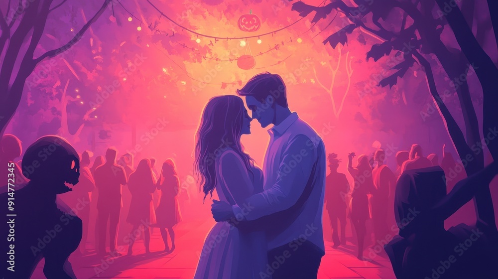 A romantic couple shares an intimate moment under colorful lights at a nighttime gathering, surrounded by a vibrant atmosphere. A romantic couple shares an intimate moment under colorful lights at a nighttime gathering, surrounded by a vibrant atmosphere.