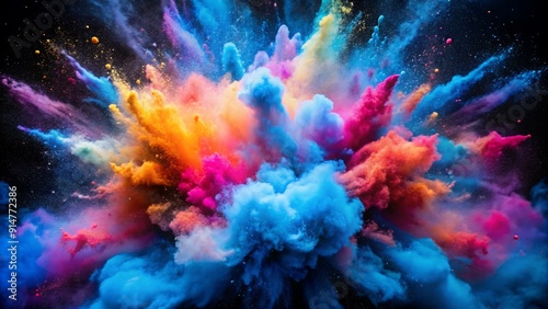 This captivating background features a mesmerizing cloud of colorful powder in motion, creating a visually striking and dynamic design element.