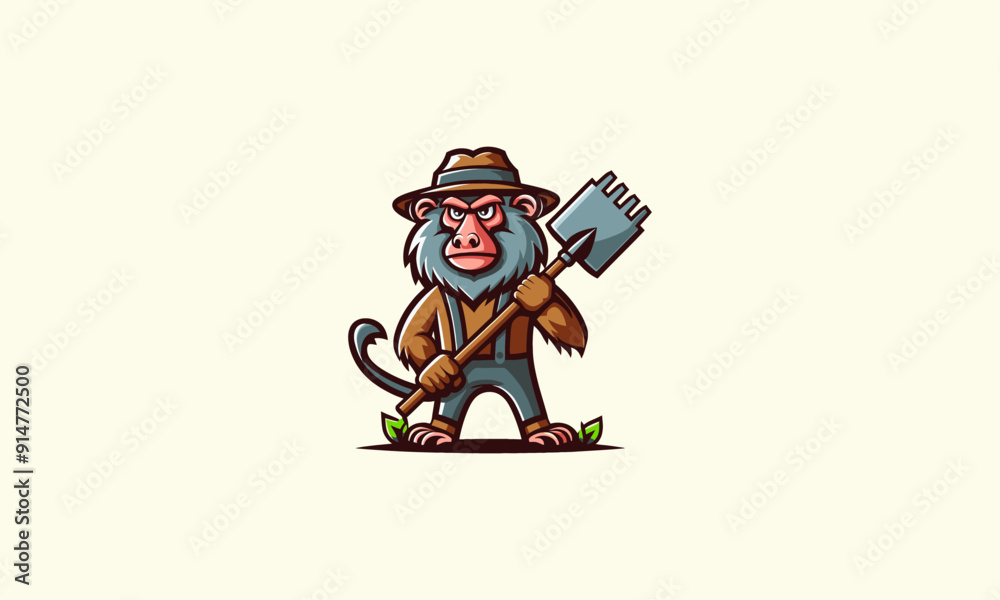 Naklejka premium monkey character holding a hoe vector illustration mascot design