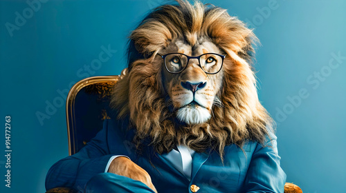 Elegant and powerful lion dressed in a business suit with glasses sitting confidently on a throne against a vibrant blue background creating a captivating and sophisticated portrait photo