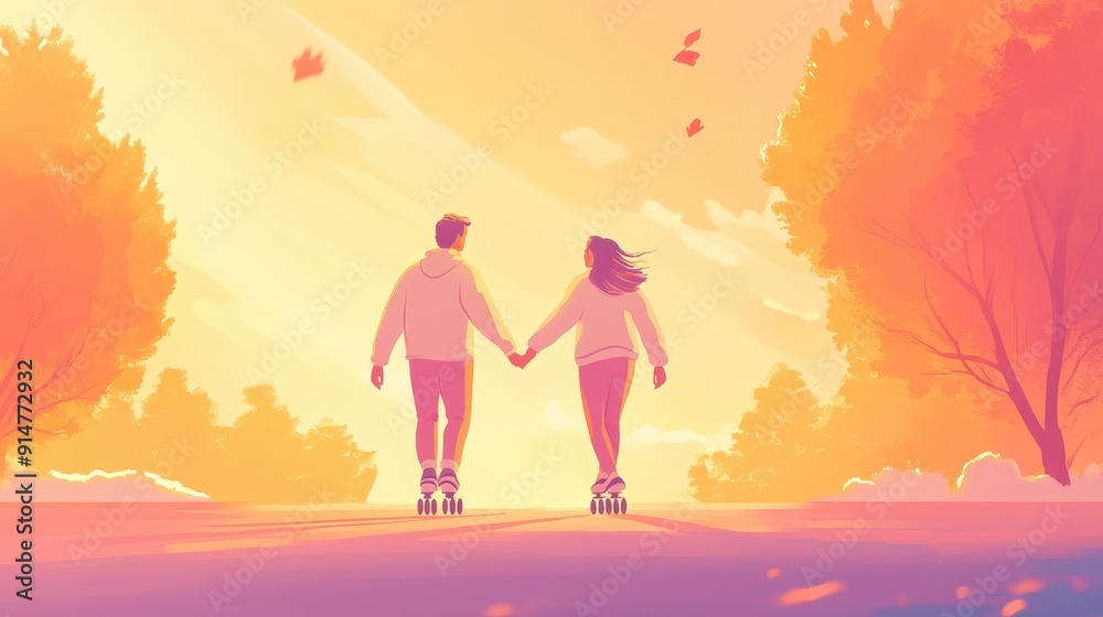 Fototapeta premium A romantic sunset scene featuring a couple roller skating hand in hand, surrounded by vibrant nature and warm colors.