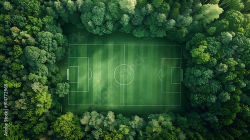 Drone top down view of beautiful shcool football field in summer deciduous forest Calm cloudy day from tall green trees around Empty football field aerial shot : Generative AI photo