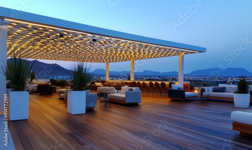 Modern and Elegant Lounge Area with Wood Flooring, LED Lighting, and Desert View at Dusk