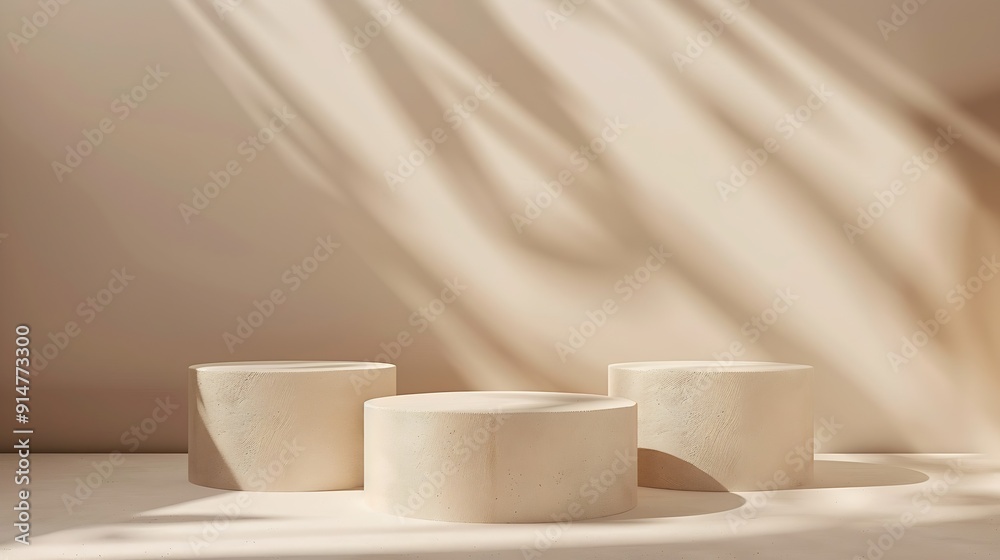 Three beige light podium for cosmetic product presentation : Generative AI Three beige light podium for cosmetic product presentation : Generative AI