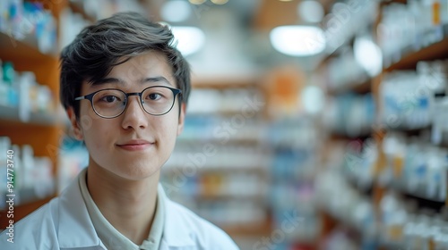 A young pharmacy intern doing inventory at the pharmacy shop as a part of their internship He wears glasses and a white pharmacy coat He is in front of a counter Blurry background with : Generative AI