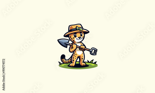 cheetah character holding a hoe vector illustration mascot design