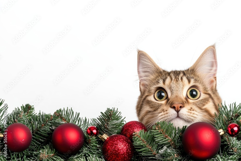 Obraz premium a kitten peeking out from a pile of Christmas decorations, holiday decorations element, festive surprise illustration, seasonal, isolated on white background