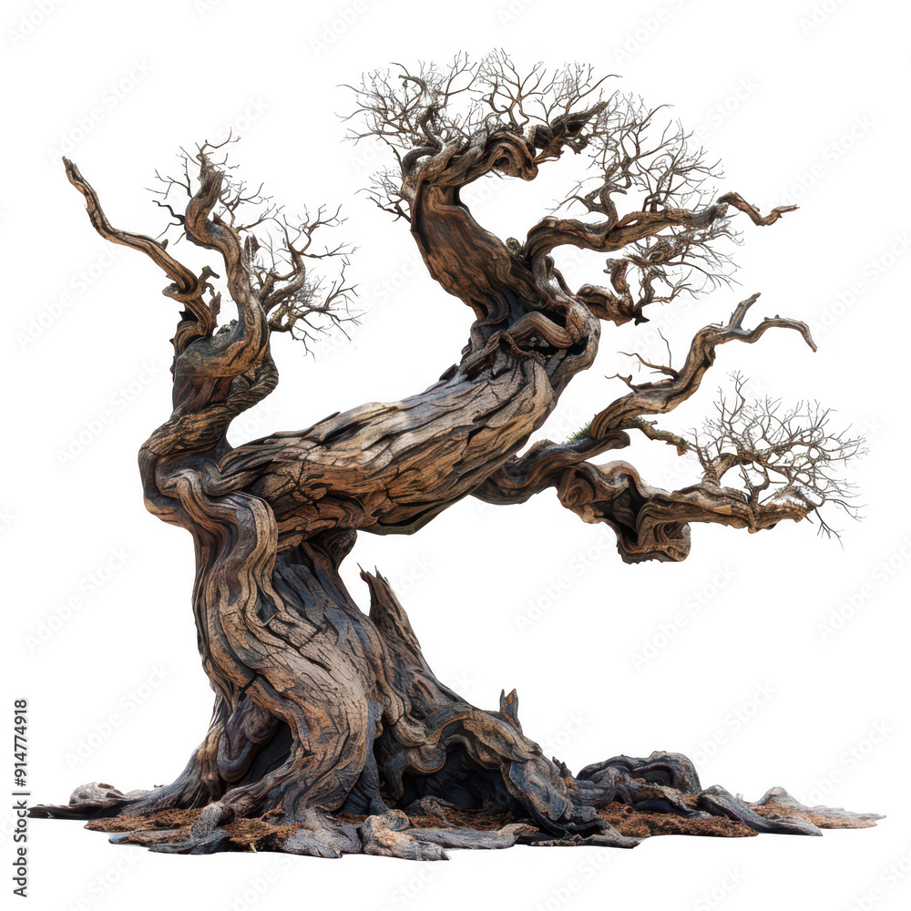 A large tree with many branches and a trunk that is twisted and gnarled A large tree with many branches and a trunk that is twisted and gnarled