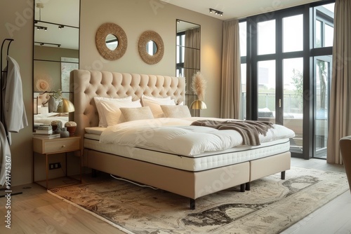 Luxurious boxspring bed in an elegant bedroom with soft pastel walls, neutral and light brown tones, white bedding, wooden furniture, large windows with natural sunlight, and stylish home decor photo