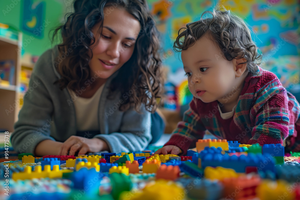 Young Woman and Toddler Playing with Colorful Blocks Young Woman and Toddler Playing with Colorful Blocks