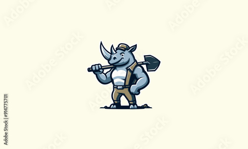 character rhino holding hoe vector illustration mascot design