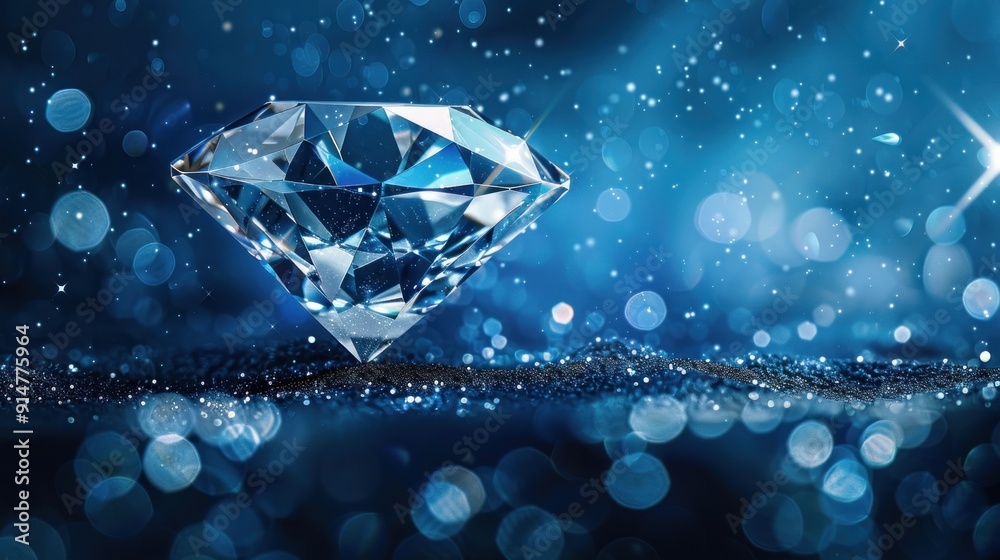 Sparkling Diamond on Blue Glitter Background