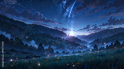 A serene anime landscape illuminated by twinkling stars and glowing fireflies, creating a magical nighttime atmosphere. photo