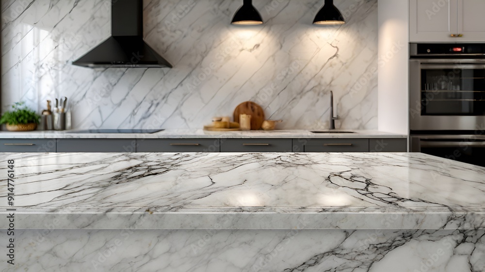 White marble texture table top on blurred kitchen backround White marble texture table top on blurred kitchen backround