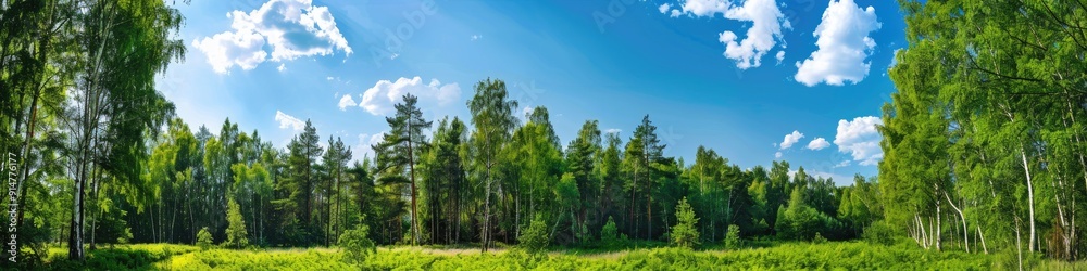 Fototapeta premium Tranquil summer forest with lush greenery under clear blue skies exuding natural beauty