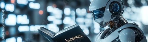 A futuristic robot reading a book titled 