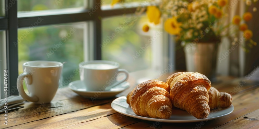 a croissant sits on a plate next to a cup of coffee on a table in front of a window with a view of a tree and a cup of coffee