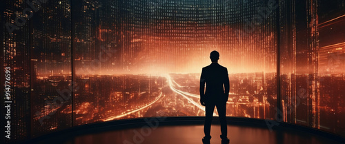 A silhouette of a person standing in front of a giant digital screen with a flow of data showing various cyber threats and vulnerabilities photo