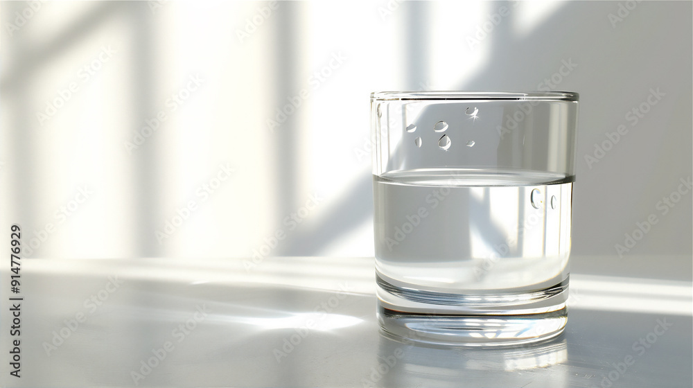 Fresh water in glass with white background in morning light 