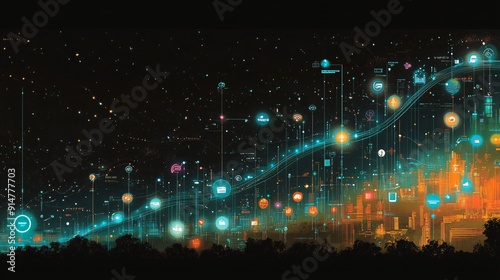 An illustrative timeline showcasing the exponential increase in the number of connected devices, represented by a bold, upward-sloping line. The graph is populated with device icons at various