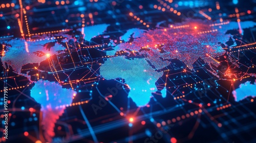 A high-tech, digital visualization of a global technology network map, featuring glowing lines that link key cities and regions across the world. The map is depicted on a dark background with bright,