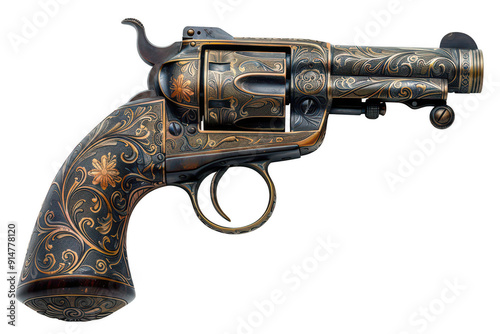 A gun with a gold and black design on it