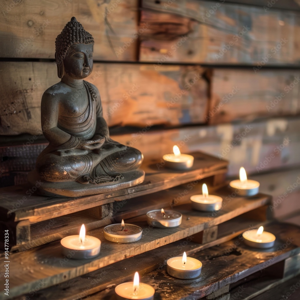 Fototapeta premium Buddha on wood surrounded by candles for offerings or worship