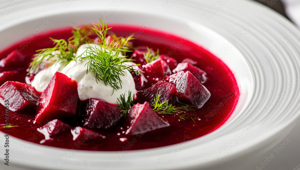A white bowl of borscht with sour cream A white bowl of borscht with sour cream