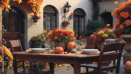 Dining Table in the courtyard autumn flowers great details ultra realistic photo photo