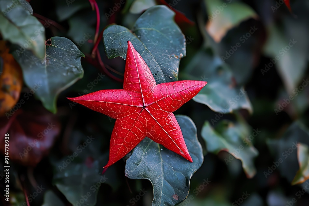 A single red star-shaped leaf amongst green foliage. A single red star-shaped leaf amongst green foliage.