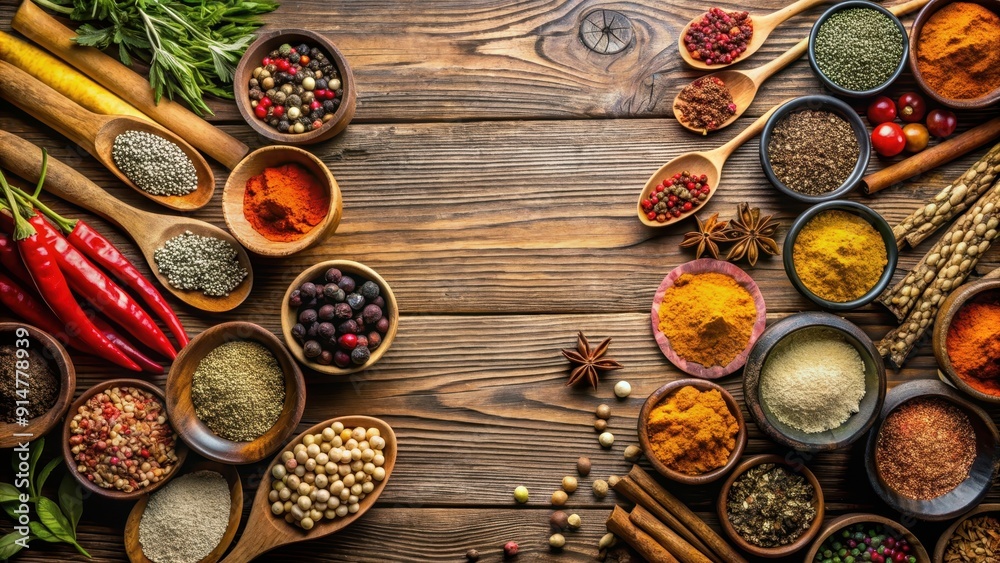 Variety of spices on rustic wooden background, spices, herbs, seasoning, cooking, culinary, flavor, kitchen, ingredients Variety of spices on rustic wooden background, spices, herbs, seasoning, cooking, culinary, flavor, kitchen, ingredients