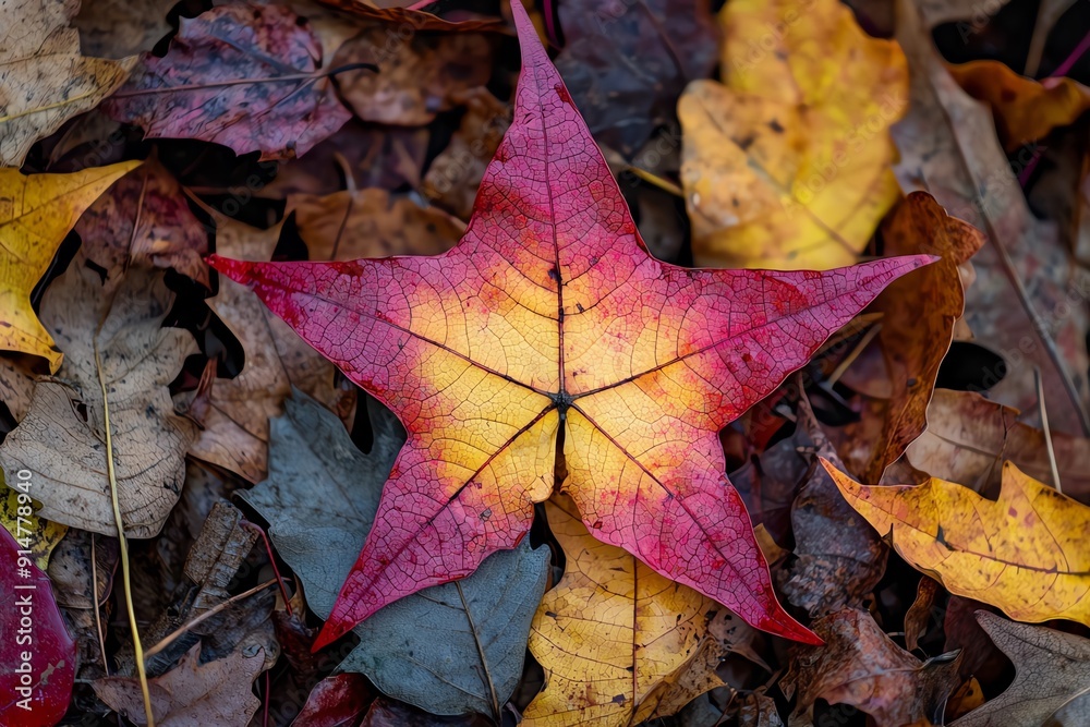 Single red and yellow star-shaped leaf on a bed of autumn leaves. Single red and yellow star-shaped leaf on a bed of autumn leaves.