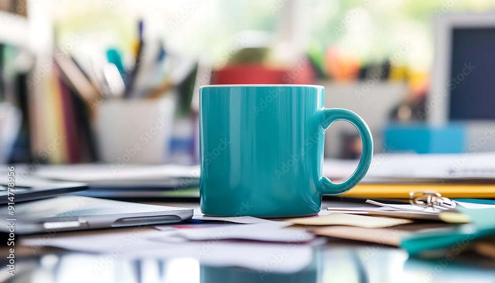 Fototapeta premium Blue Mug on a Cluttered Desk
