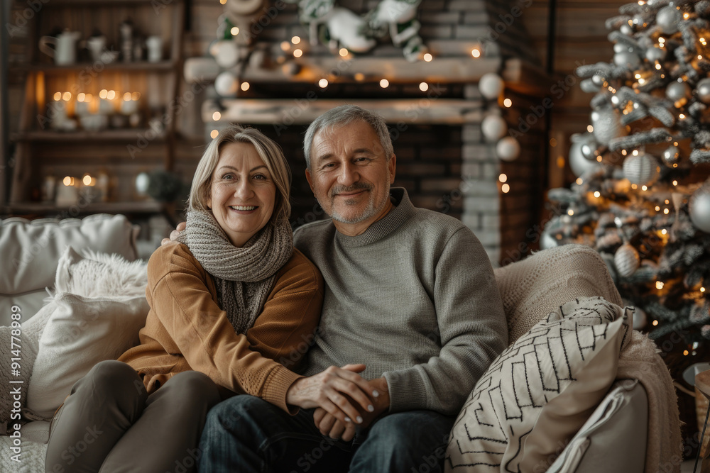 Smiling elderly couple sitting on the couch embracing in a cozy house with a Christmas tree with lights. Merry Christmas, Happy New Year