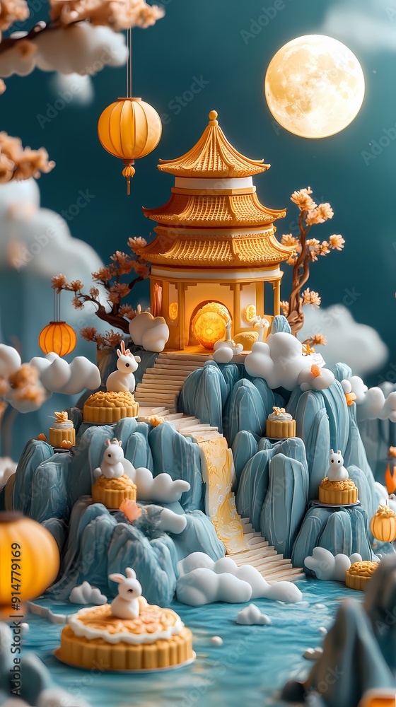 Fototapeta premium Chinese traditional festival, Mid-Autumn Festival, illustration, miniature landscape, moon rabbit and mooncake island