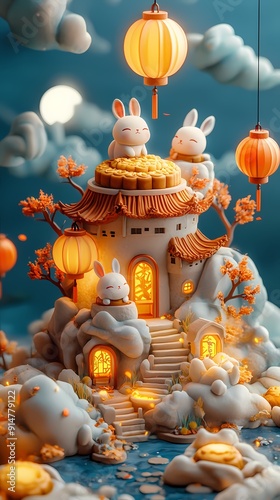 Chinese traditional festival, Mid-Autumn Festival, illustration, miniature landscape, moon rabbit and mooncake island
