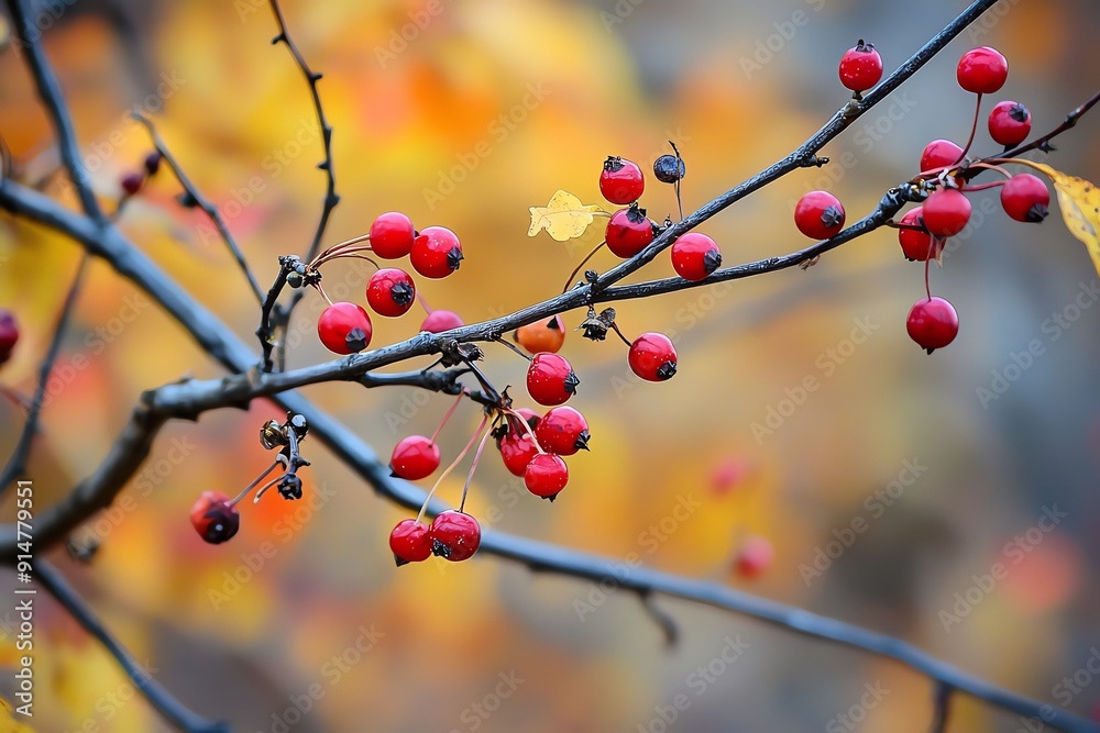 Closeup of red berries on a branch against a blurred background of autumn leaves. Closeup of red berries on a branch against a blurred background of autumn leaves.