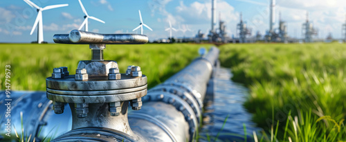 A close-up of oil and gas pipes with wind turbines in the background, symbolizing energy business innovation.