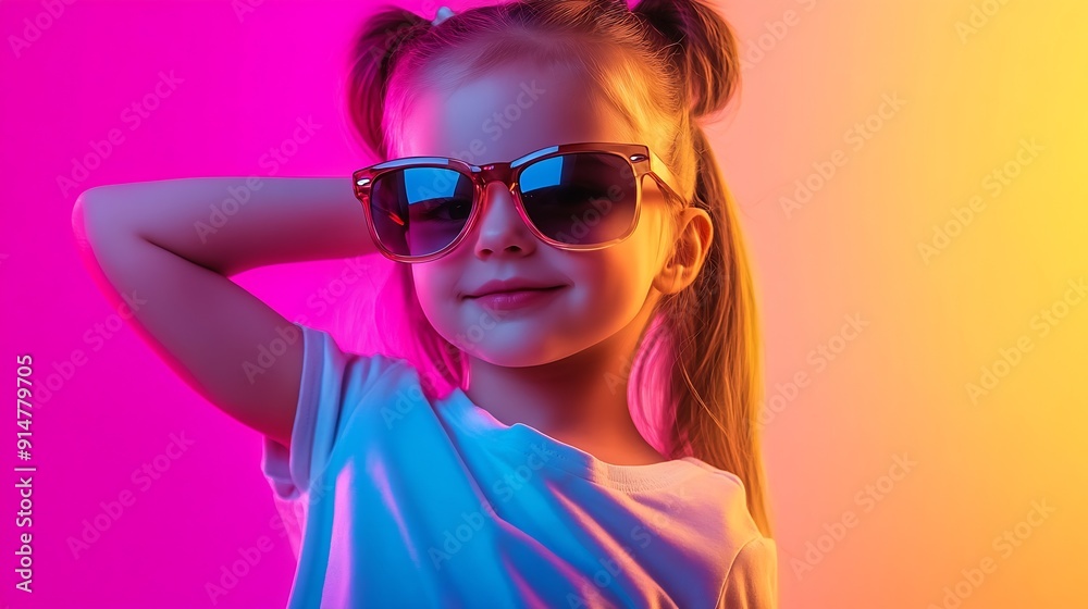 Fashionable little girl child wearing sunglasses posing over neon light background Concept of childhood emotions kids fashion Model looks delighted : Generative AI Fashionable little girl child wearing sunglasses posing over neon light background Concept of childhood emotions kids fashion Model looks delighted : Generative AI
