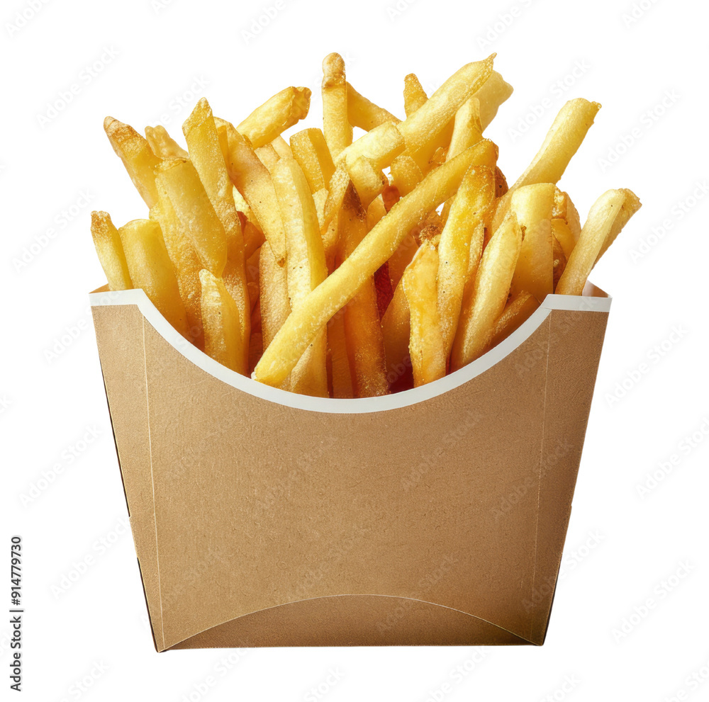 A realistic depiction of French fries in a paper box, set against a Empty background. A realistic depiction of French fries in a paper box, set against a Empty background.