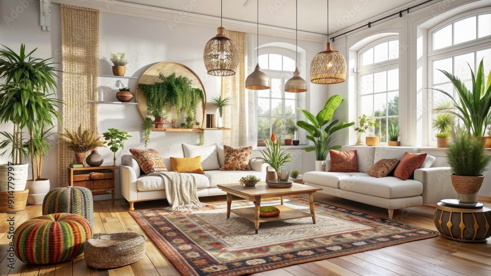 Fototapeta premium Bohemian-inspired white living room with eclectic decor, bohemian, white, living room, eclectic, decor, interior design