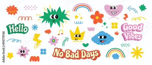 Groovy element set with text effect, characters, doodles, sparkles, clouds, crowns, flowers, and thunderbolts. Perfect for retro hippie designs, stickers, toys, and kids' decorations.
