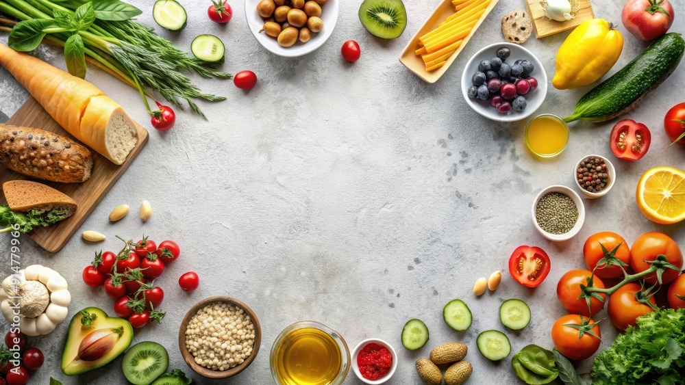 Minimalist flat lay with arranged food items and perfect lighting, clean, background, beautifully, arranged, food, items Minimalist flat lay with arranged food items and perfect lighting, clean, background, beautifully, arranged, food, items