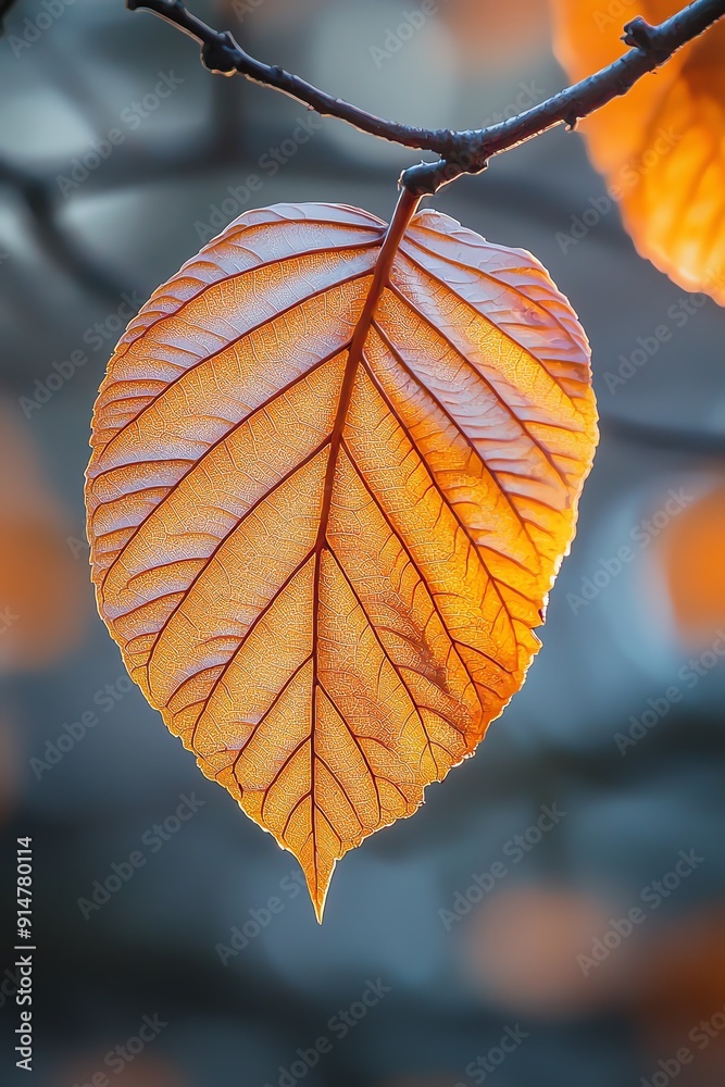 Close-up of a single orange leaf on a branch. Close-up of a single orange leaf on a branch.