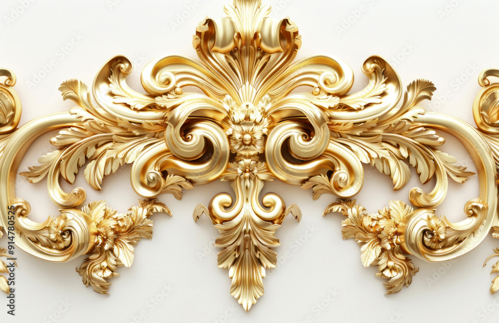 A golden baroque ornament is isolated on a white background, viewed from the front. A golden baroque ornament is isolated on a white background, viewed from the front.