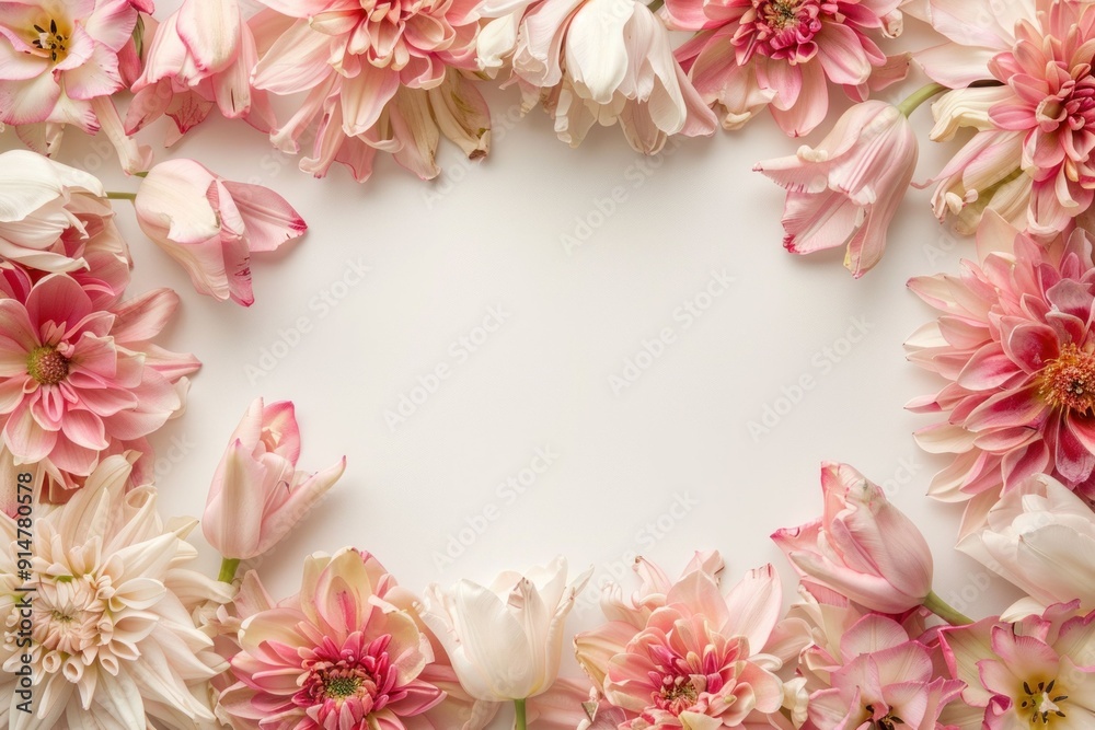 Pink dahlia flowers arranged in circle on white background with space for text, beauty and nature concept Pink dahlia flowers arranged in circle on white background with space for text, beauty and nature concept