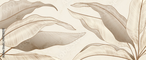 Botanical abstract art background with tropical beige leaves with hand drawn line elements. Vector banner for decor, print, wallpaper, cover, packaging, social media.