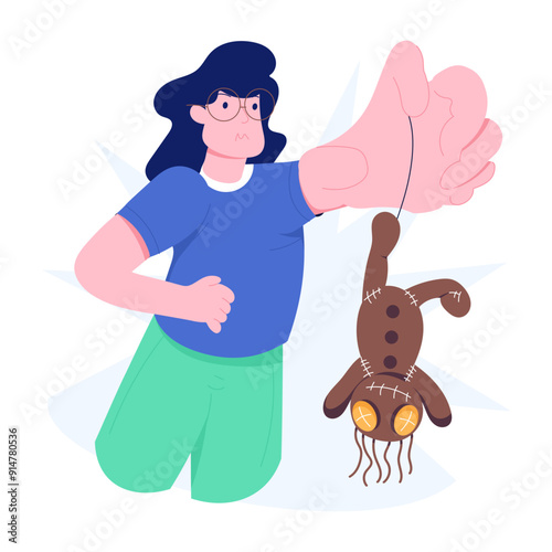 A flat illustration of black magic with voodoo doll 