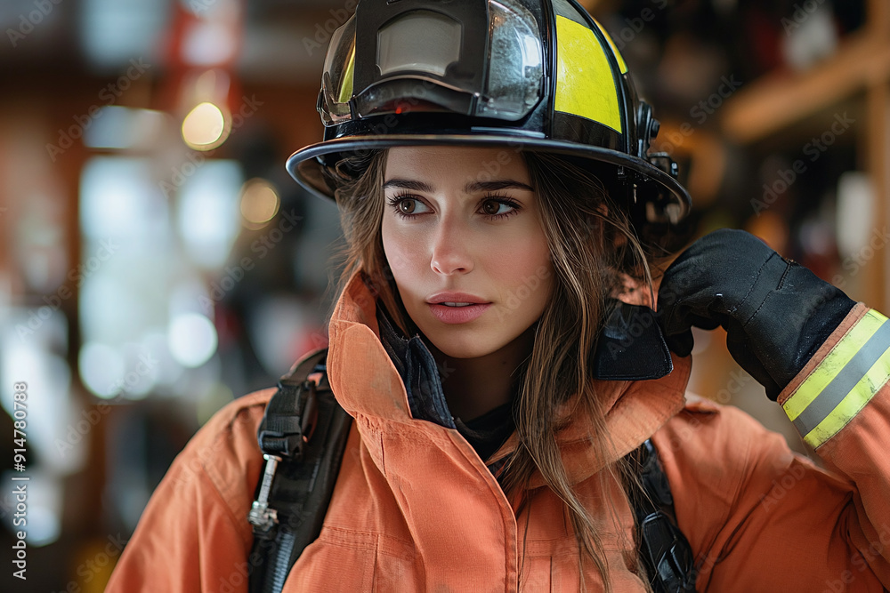A female firefighter putting on her gear, preparing to respond to an emergency. A female firefighter putting on her gear, preparing to respond to an emergency.