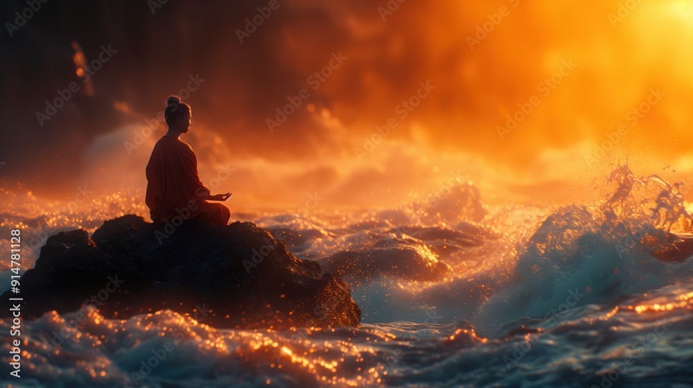 Silhouette of Person Meditating Amidst Fiery Ocean Waves at Sunrise Silhouette of Person Meditating Amidst Fiery Ocean Waves at Sunrise